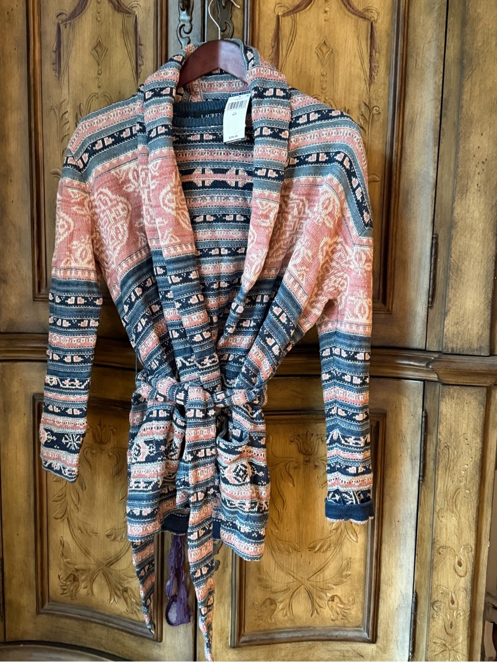 Ralph Lauren Coral & Navy Patterned Shawl-Collar Wrap Jacket, skirt and sweater